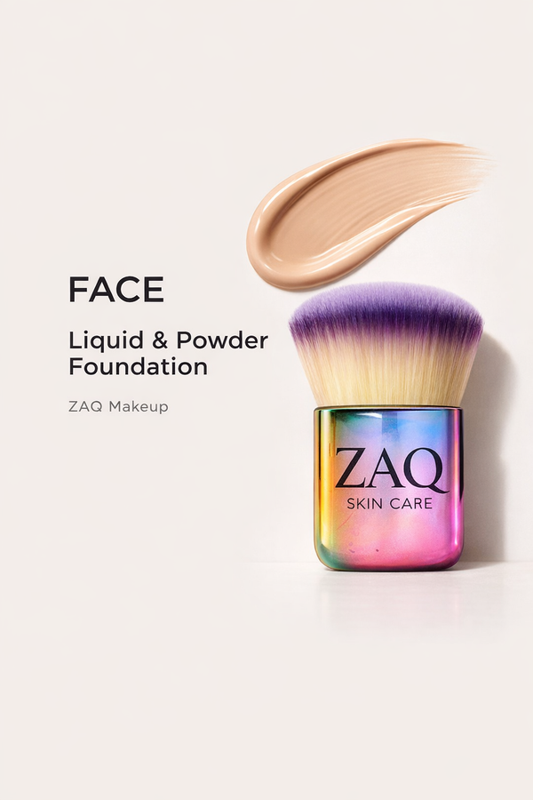 ZAQ makeup product with foundation brush and swatch on a white background