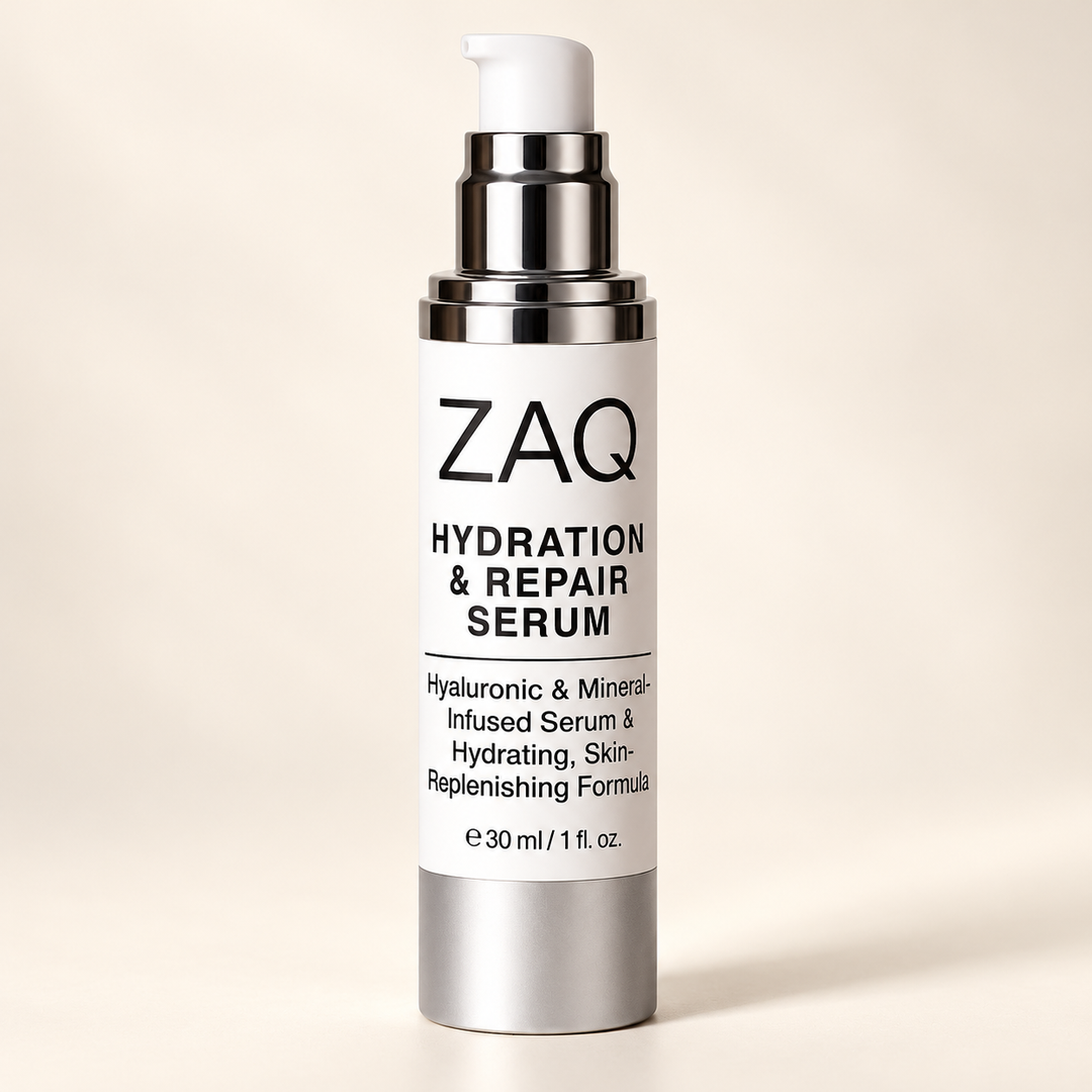 A 30 ml pump bottle of ZAQ Hydration & Repair Serum, featuring a white label with black text and a metallic silver and black pump dispenser, set against a warm beige background.