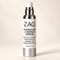 A 30 ml pump bottle of ZAQ Hydration & Repair Serum, featuring a white label with black text and a metallic silver and black pump dispenser, set against a warm beige background.