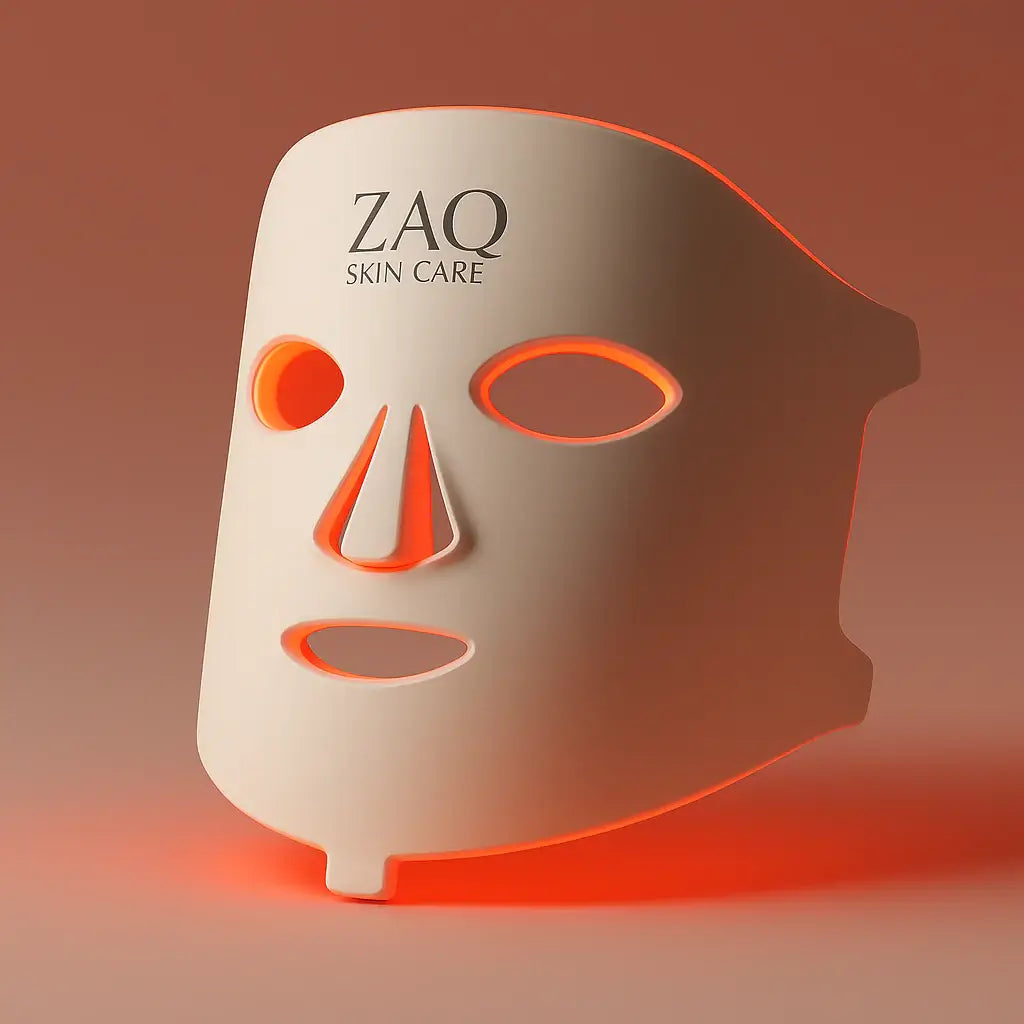 ZAQ Skin Care device with red light on a brown background


