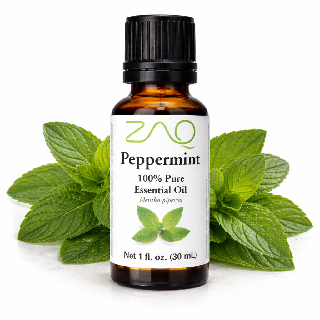 Bottle of ZAQ Peppermint essential oil with peppermint leaves on a white background