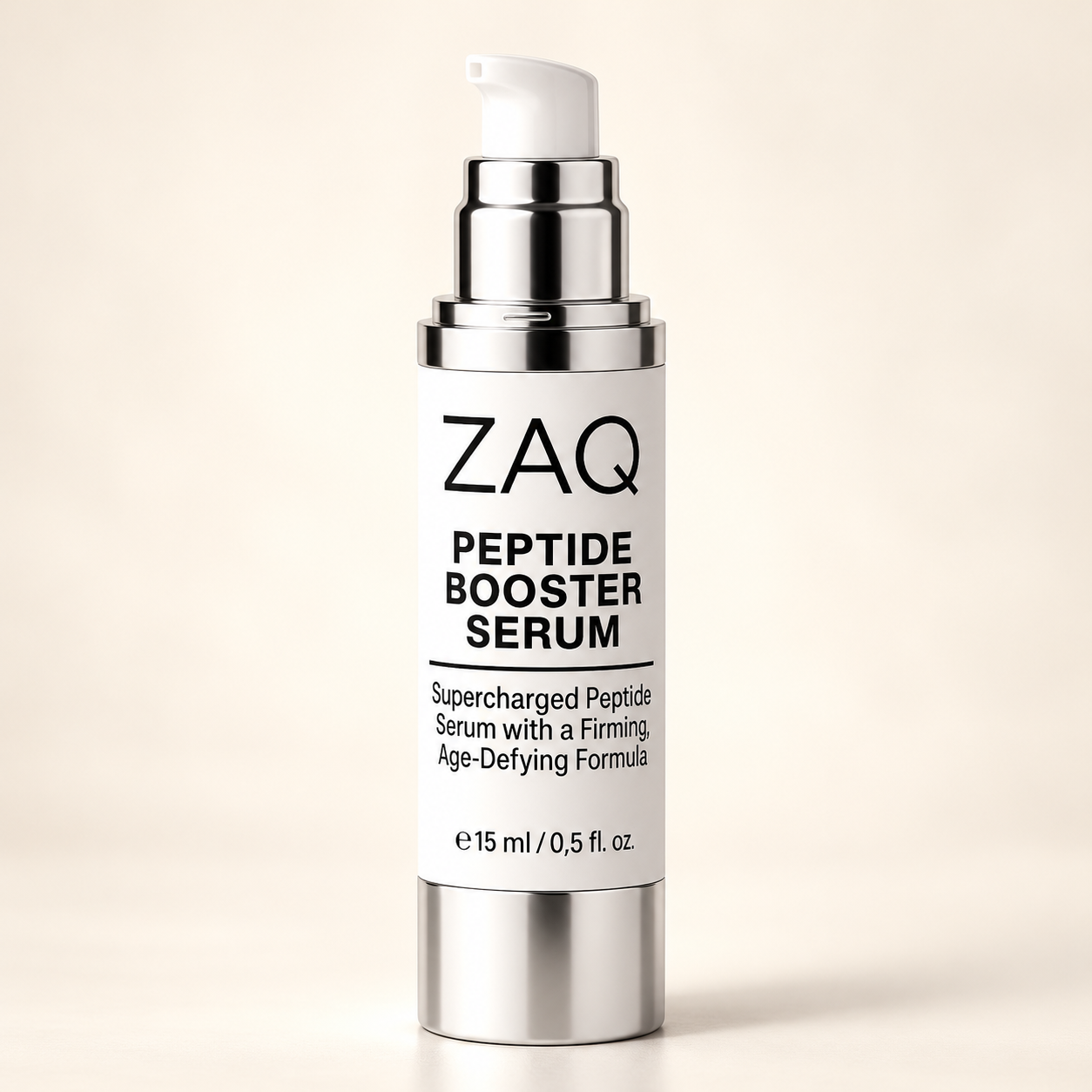 A bottle of ZAQ Peptide Booster Serum with a white label, silver pump collar, and silver metallic base, set against a solid cream background.