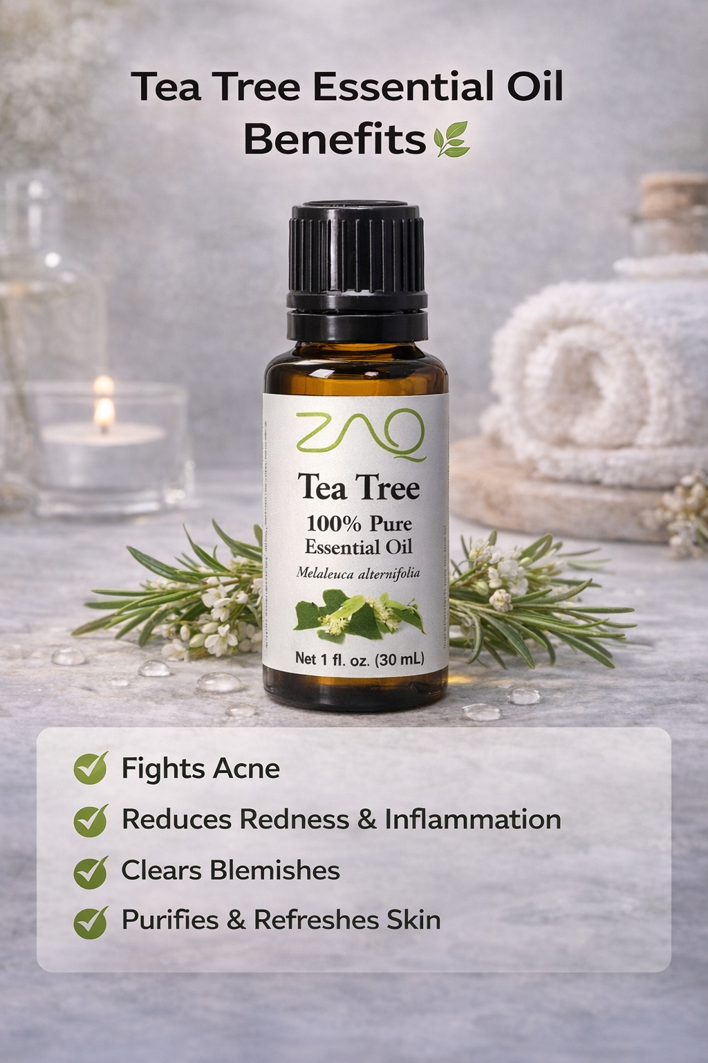 ZAO Tea Tree Essential Oil bottle with benefits listed on a neutral background