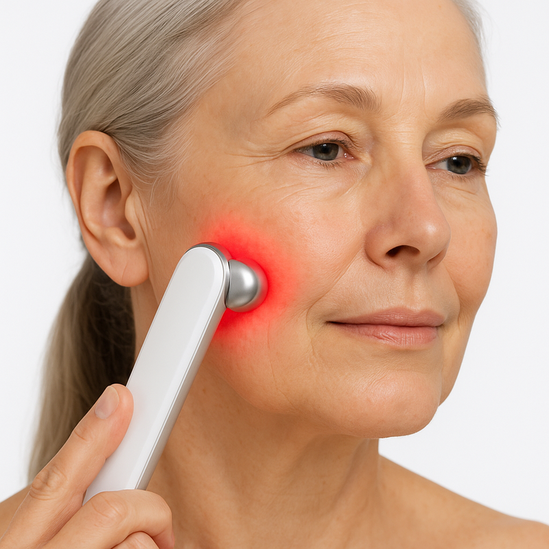 Woman using a facial device with red light on her face against a white background