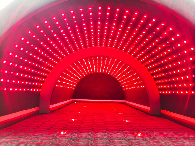 Red LED light tunnel with a curved design