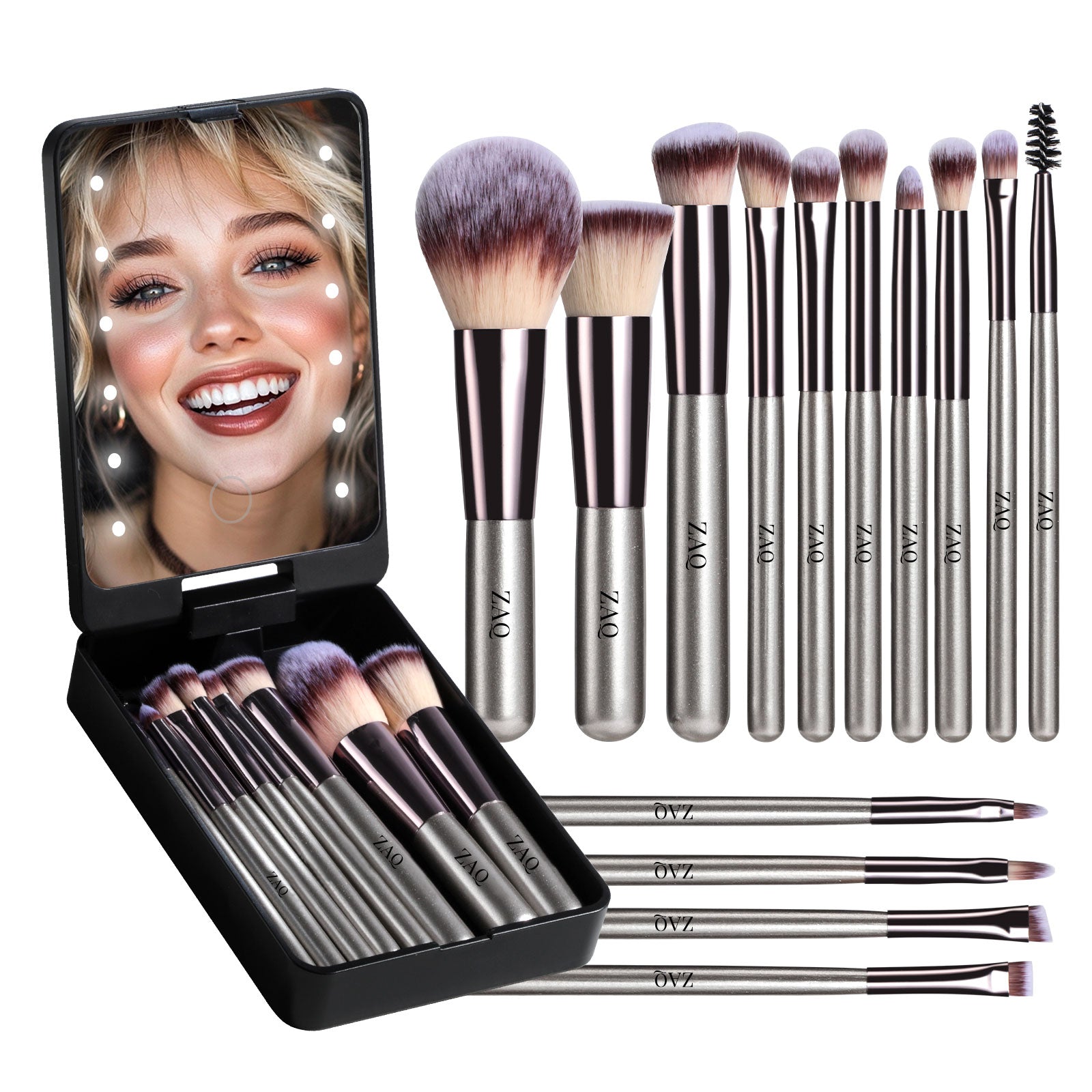 ZAQ 14-Piece Mini Makeup Brush Set with LED Light Mirror - Black
