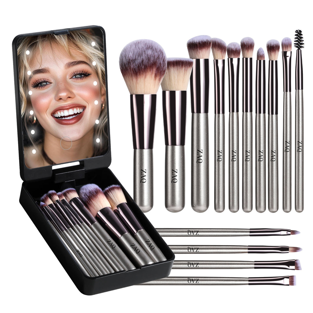 ZAQ 14-Piece Mini Makeup Brush Set with LED Light Mirror - Black