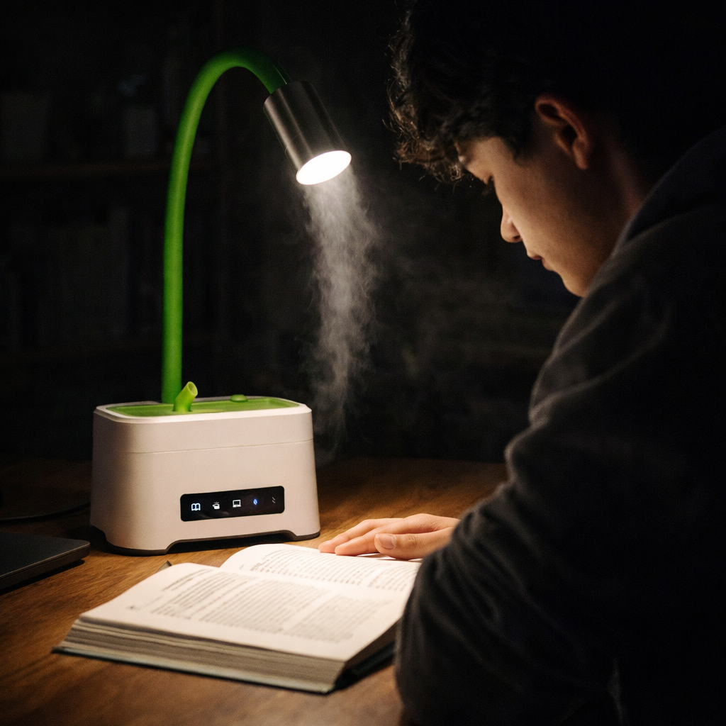 Person reading a book under a green desk lamp in a dark room