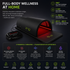 An infographic-style product presentation of a red light therapy and heat pack set on a dark background, with text callouts about full-body wellness, included features, and multiple benefit icons.