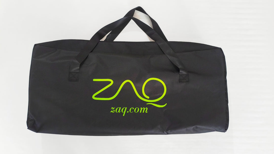 Black duffel bag with green logo and text on a white background