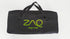 Black duffel bag with green logo and text on a white background