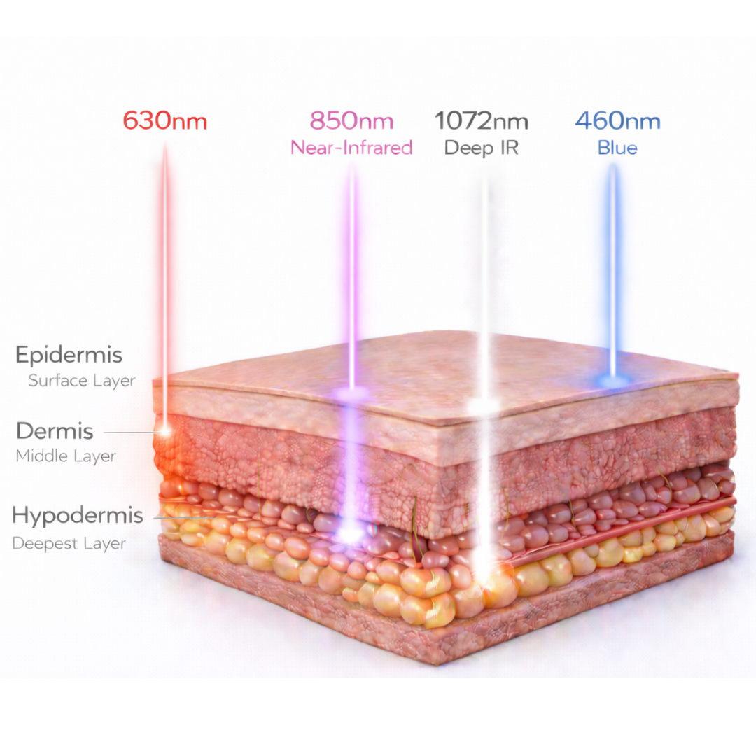 Diagram of skin layers with wavelengths and colors labeled