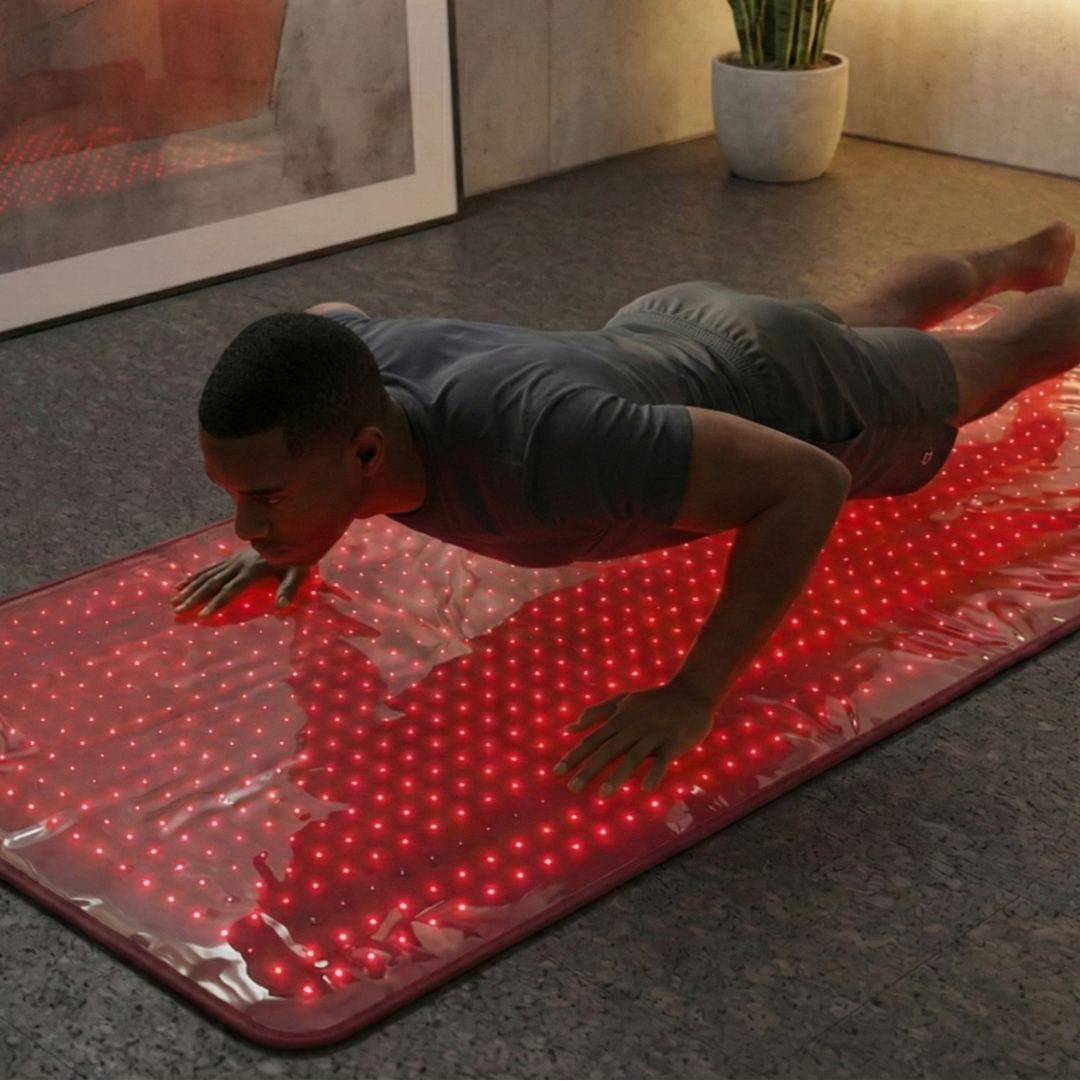 Person doing push-ups on a red LED mat in a room with a plant and painting.