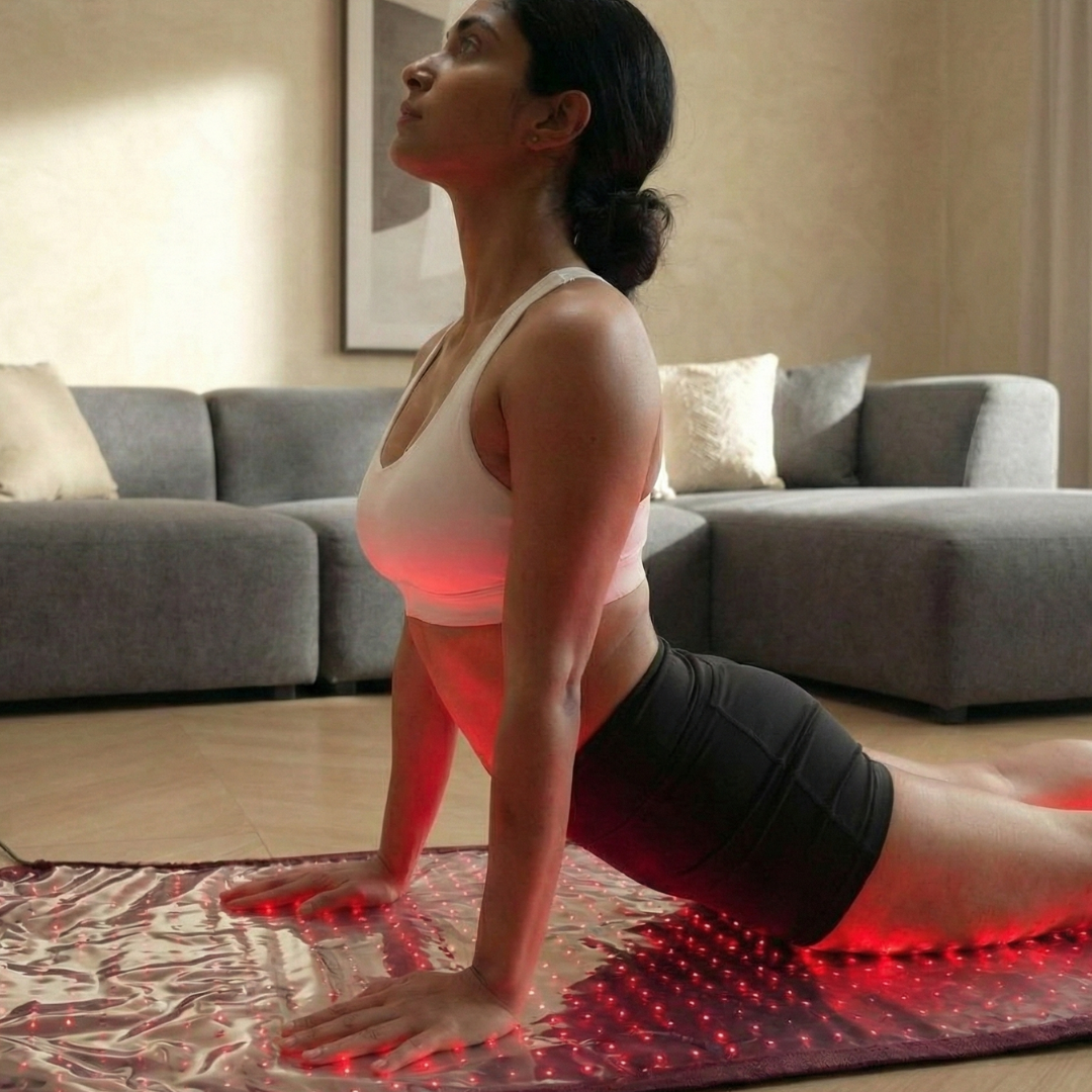 Woman exercising on a mat with red light therapy pad in a living room.