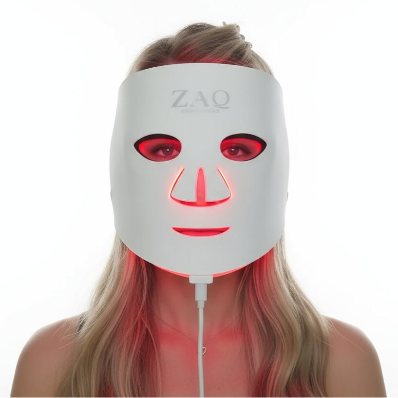 Person wearing a ZAQ LED face mask on a white background