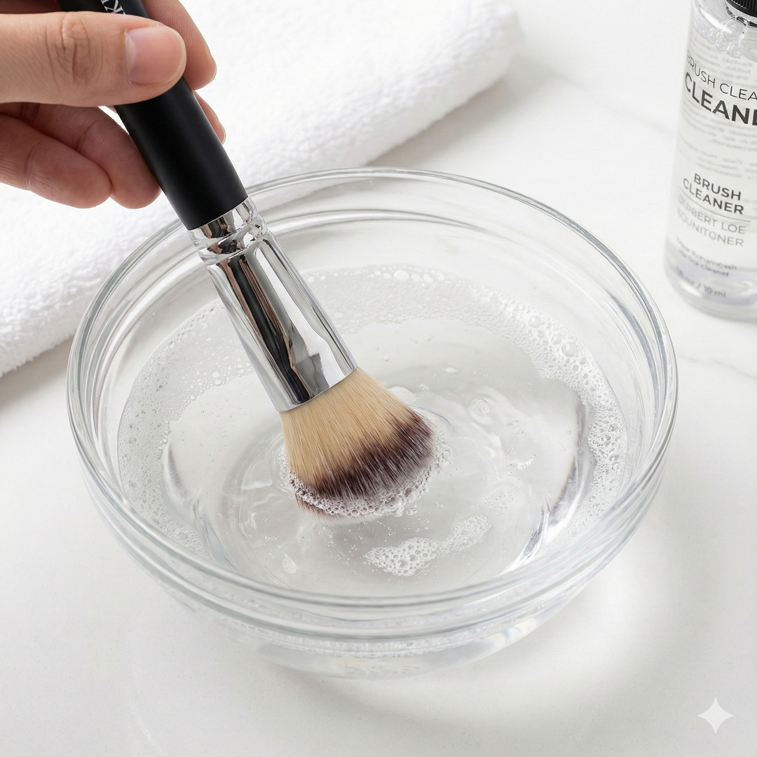 Makeup brush being cleaned in a bowl of soapy water with a bottle of cleaning solution in the background.