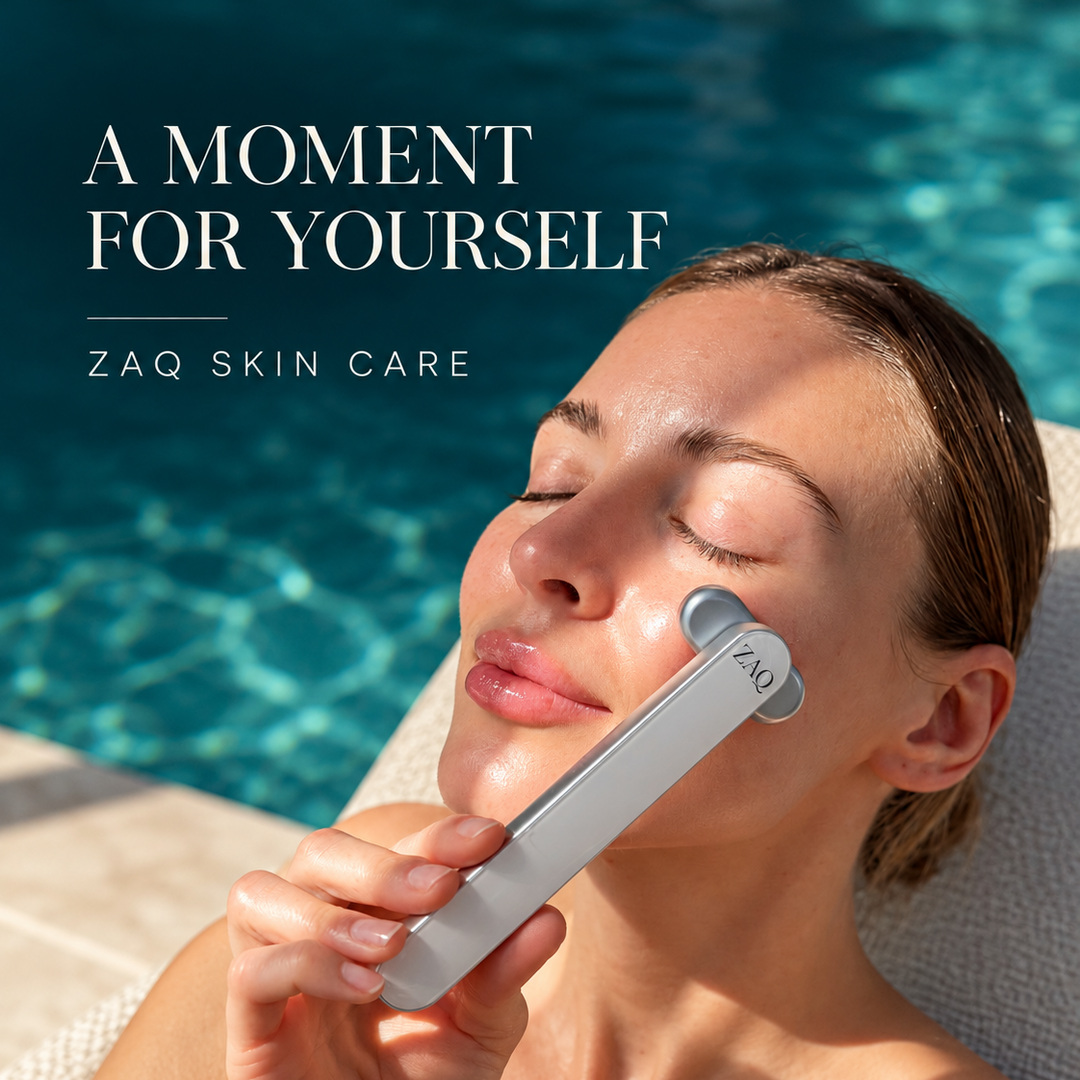 A woman relaxes by a swimming pool while using a silver ZAQ skin care device on her face. The text 'A MOMENT FOR YOURSELF' and 'ZAQ SKIN CARE' is displayed on the top left.