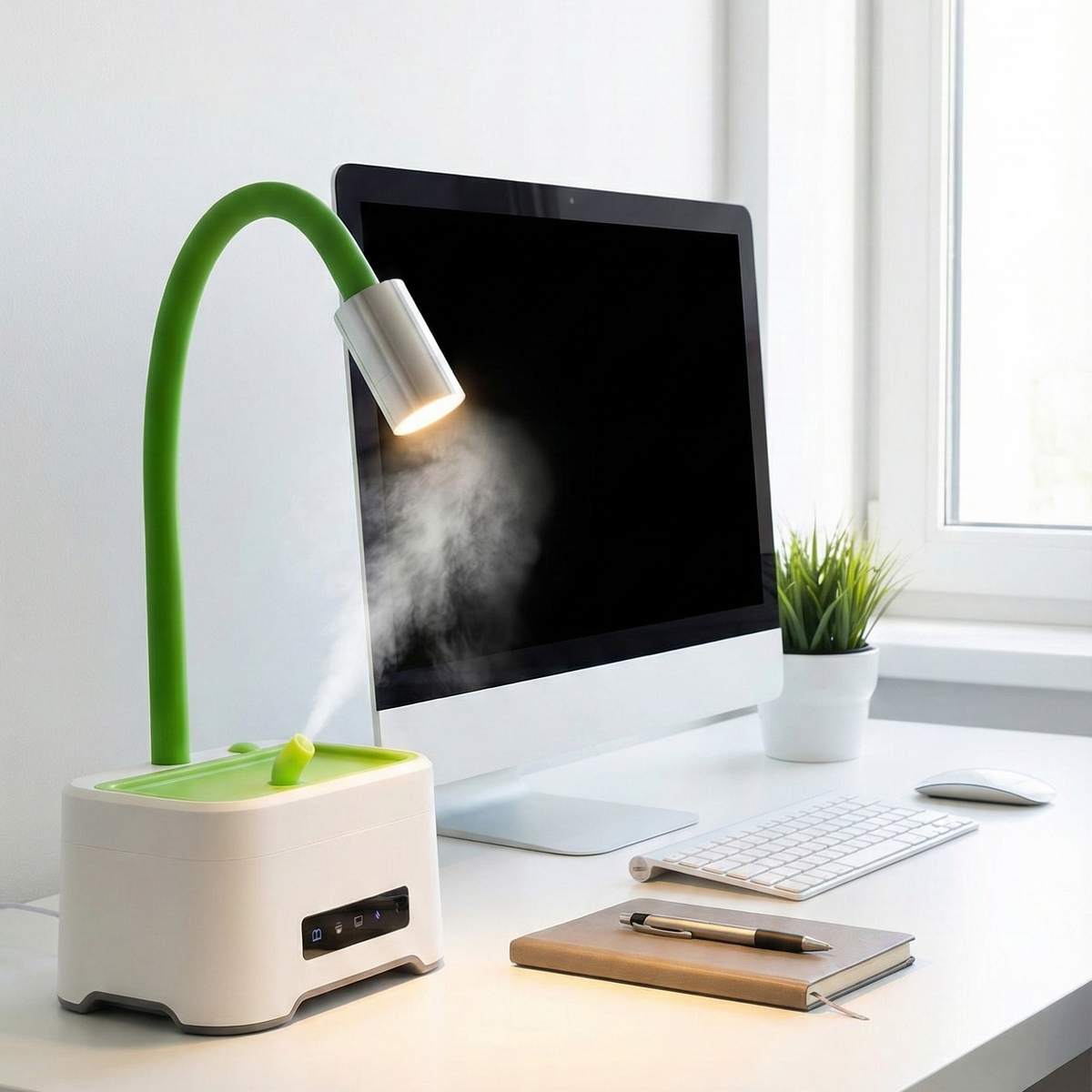 Modern office desk setup with a computer, lamp, and small plant.