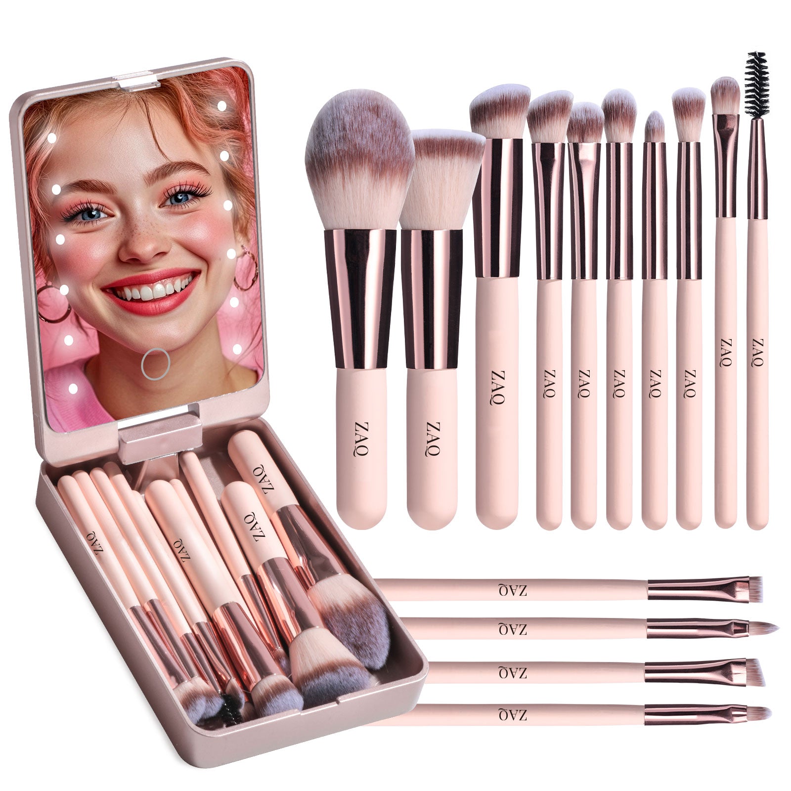 ZAQ 14-Piece Mini Makeup Brush Set with LED Light Mirror - Pink