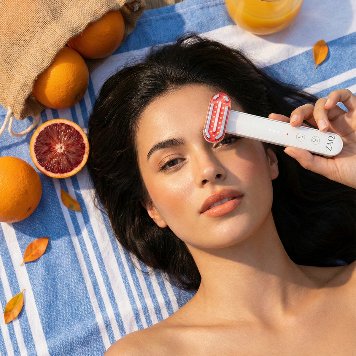 Woman using a ZAQ ZAYN Wand outdoors on a blue blanket with oranges and juice.