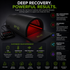 An infographic-style product presentation of a red light therapy device labeled 'ZNA' on a black background, with marketing text and icons describing benefits such as red and near-infrared light therapy, far infrared heat, PEMF therapy, negative ion therapy, and crystal therapy.