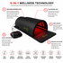 An infographic diagram showcasing a 5-in-1 wellness LED light therapy device, featuring a black dome-shaped lamp with red light glowing from the interior. The diagram includes text descriptions of its features (red and near-infrared light, far-infrared heat, PEMF therapy, easy-to-use control, premium & safe design) and icons representing the benefits (pain relief, muscle recovery, improved circulation, stress reduction, increased energy, immune support, skin health & glow) at the bottom.