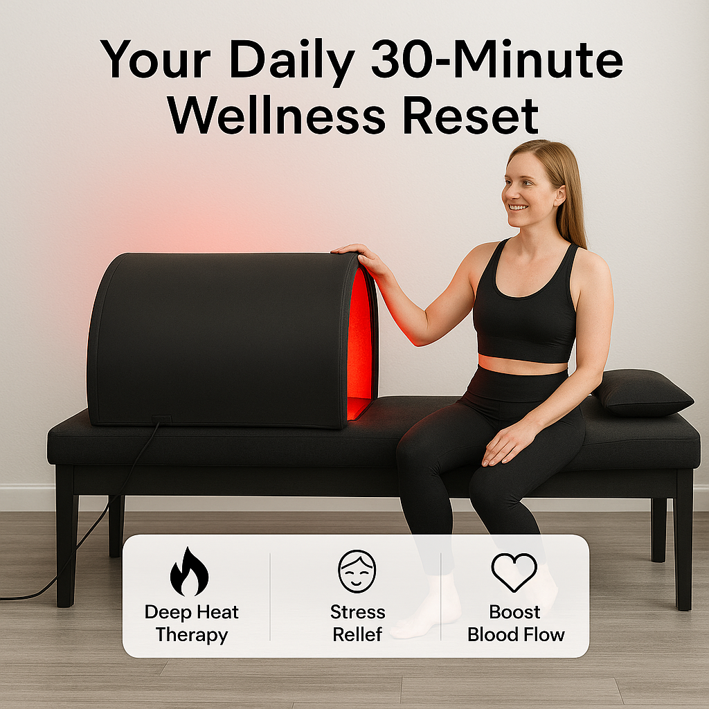 Woman using a black and red therapy device with text about daily wellness reset on a gray background.