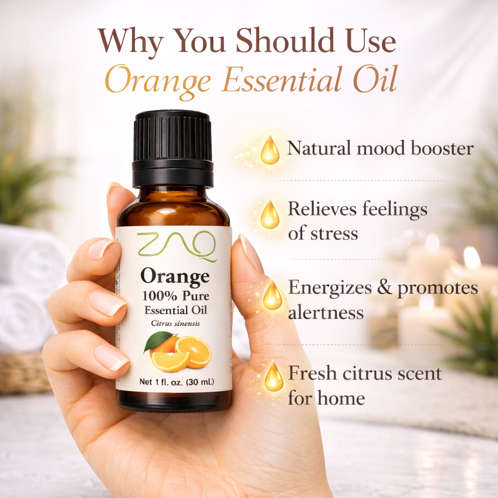 Hand holding a bottle of ZAO Orange essential oil with benefits listed on a blurred background