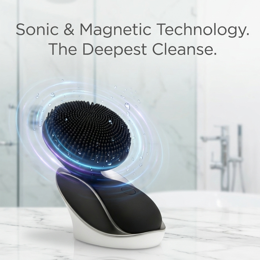 Gentle cleansing device with text 'Sonic & Magnetic Technology. The Deepest Cleanse.' on a marble background.