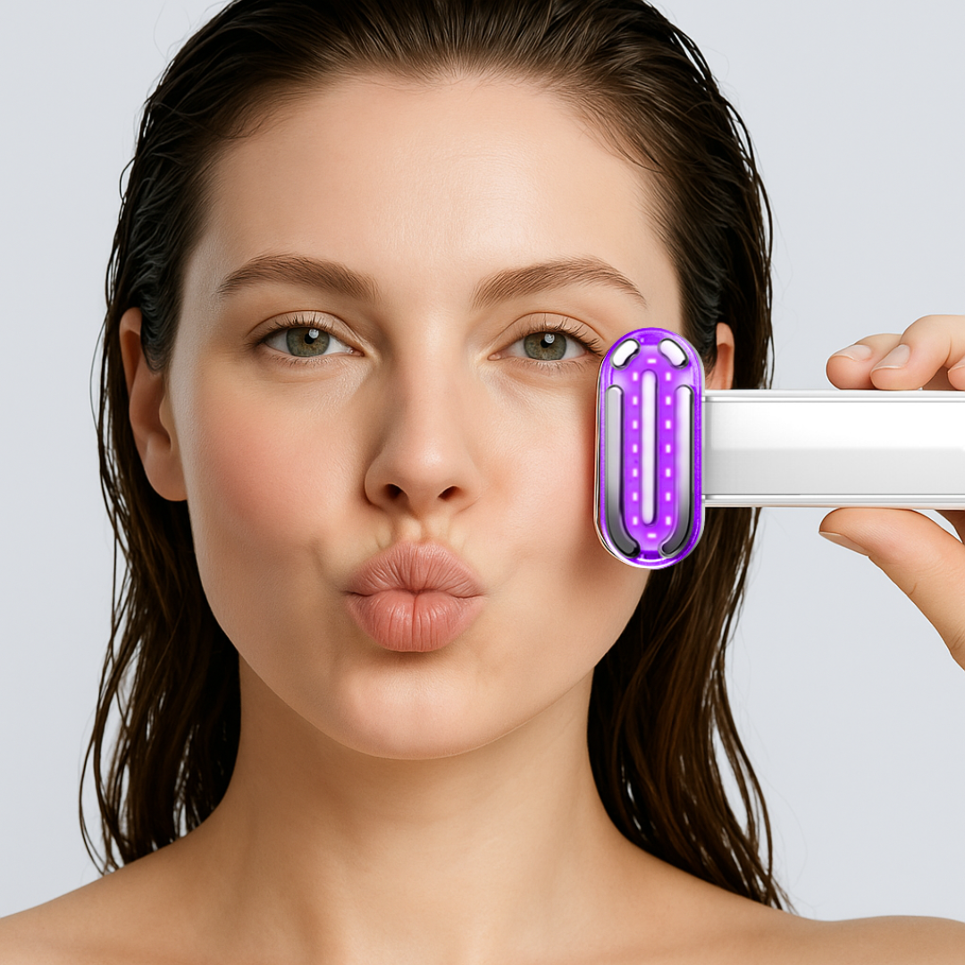 Woman using a purple light device on her face against a white background