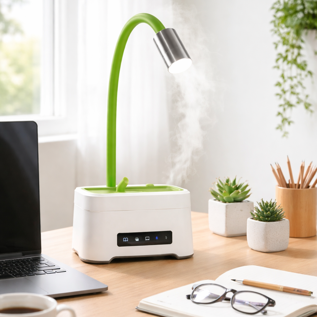 Desk setup with a laptop, coffee cup, notebook, glasses, and a green desk lamp.