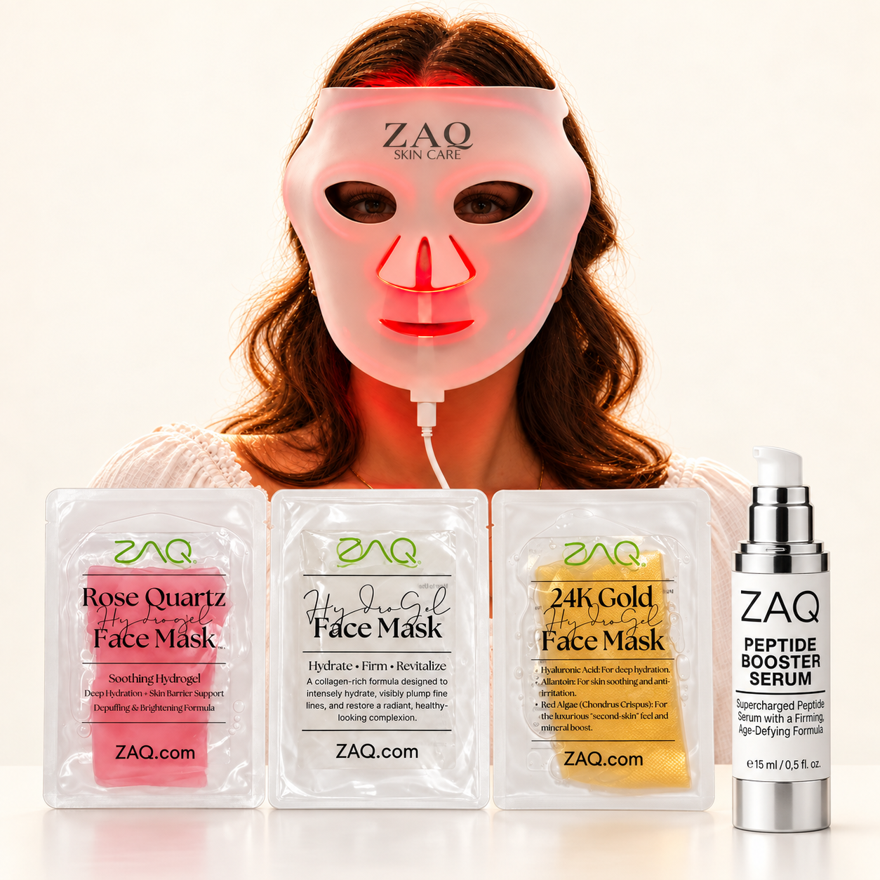 ZAQ Noor 2.0 Pro Glow Ritual Bundle | LED Face Mask, 3 Hydrogel Masks & Peptide Serum