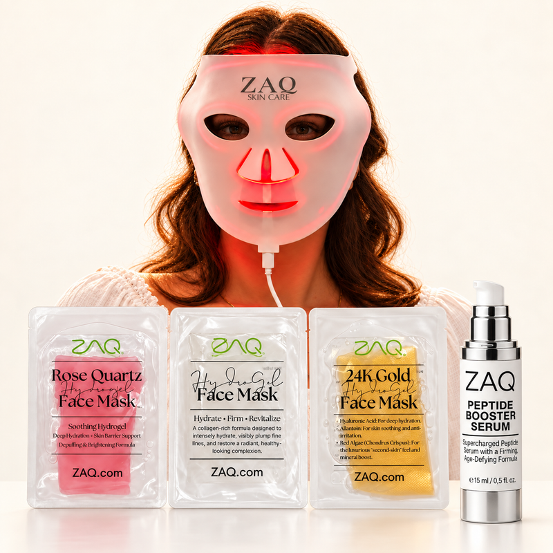 ZAQ Noor 2.0 Pro Glow Ritual Bundle | LED Face Mask, 3 Hydrogel Masks & Peptide Serum