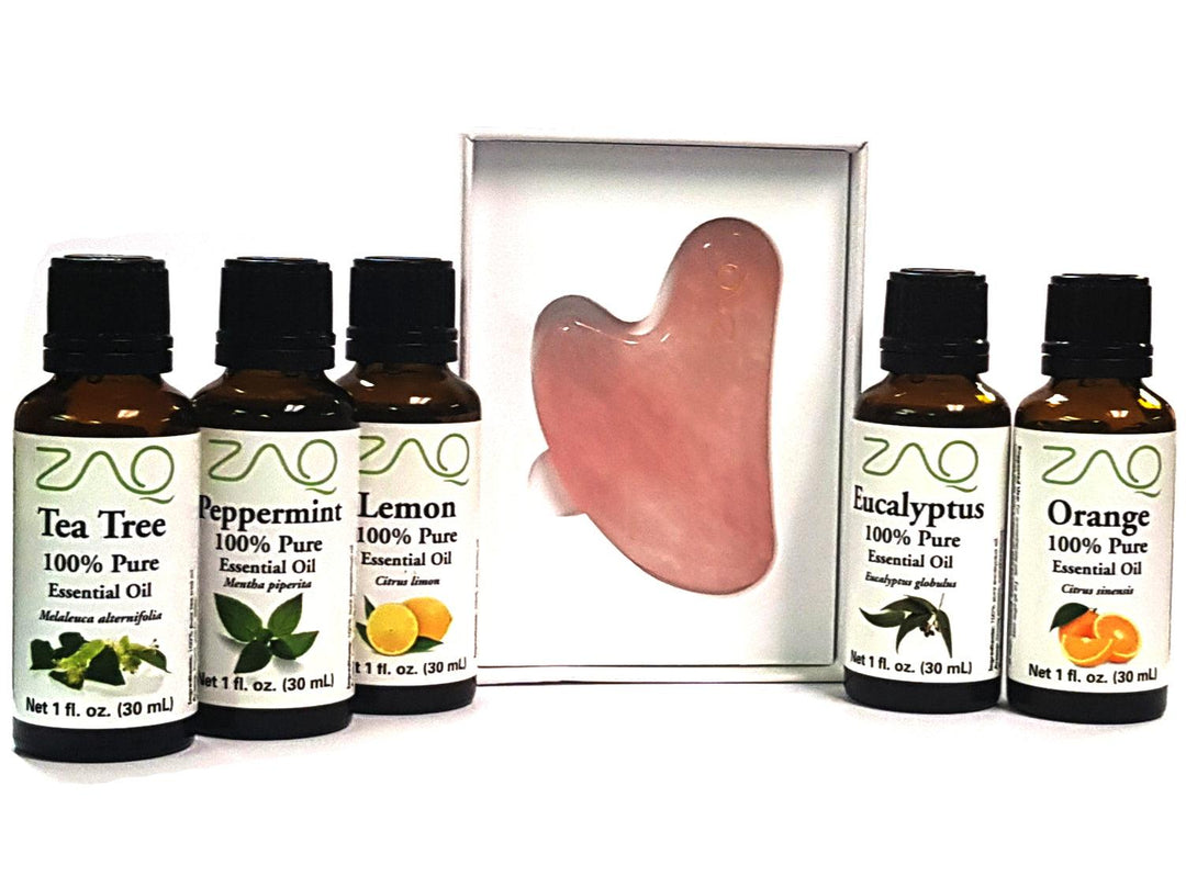 6PC SET - ROSE QUARTZ GUA SHA BOARD + 100 % Pure Essential Oils EUCALYPTUS, ORANGE, TEA TREE, PEPPERMINT, LEMON - ZAQ