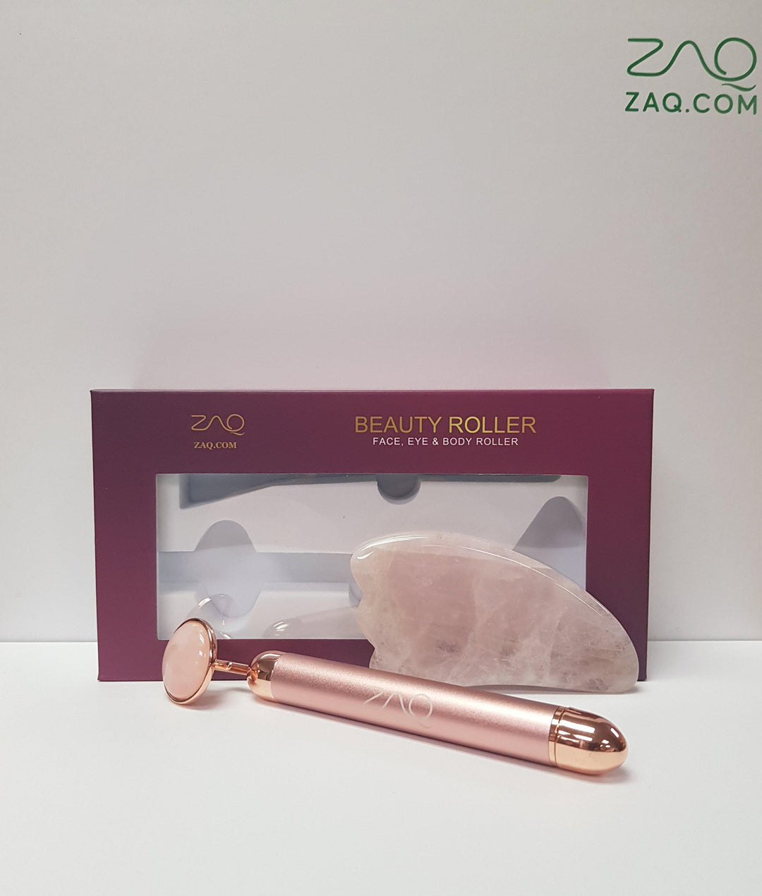 MOON Roll-On Rose Quartz W-Sonic Massaging Vibrating Face Roller + Gua Sha Set - ZAQ