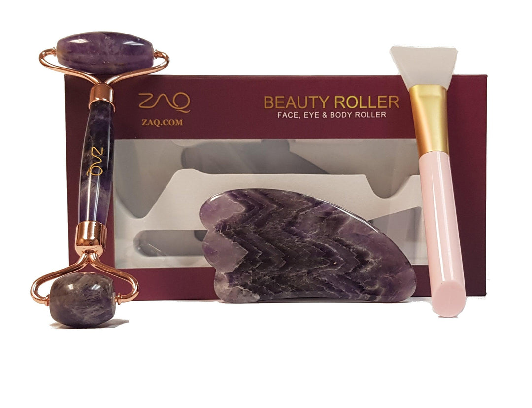 Amethyst Facial Roller, Gua Sha, Brush Set - ZAQ