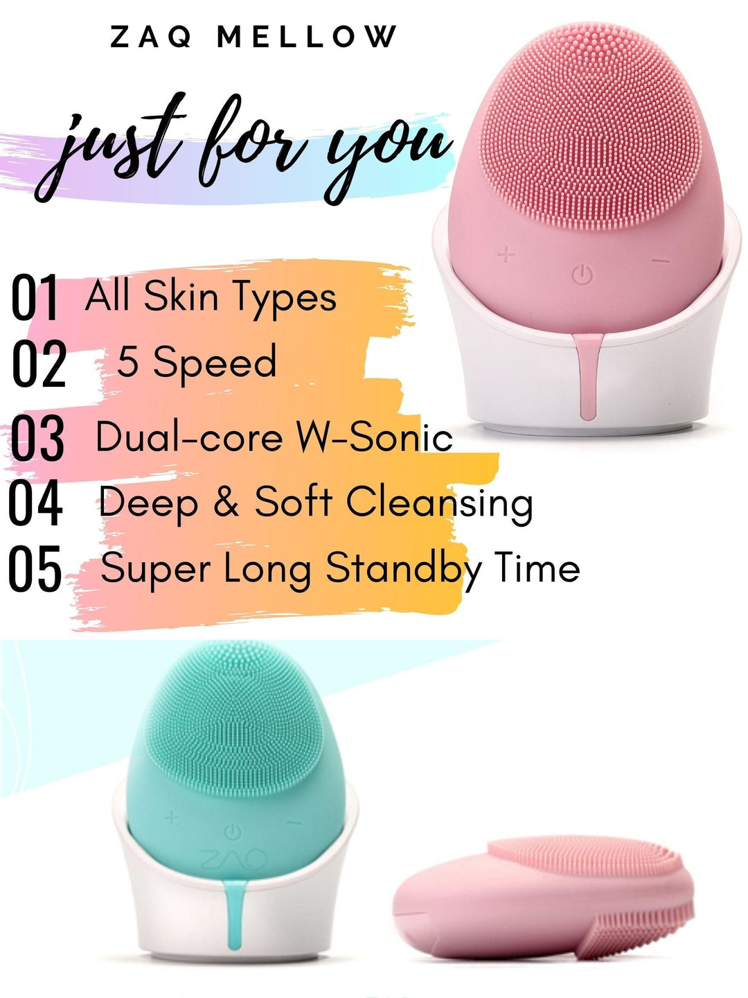 Mellow W-SONIC Silicone Facial Cleansing Brush - ZAQ