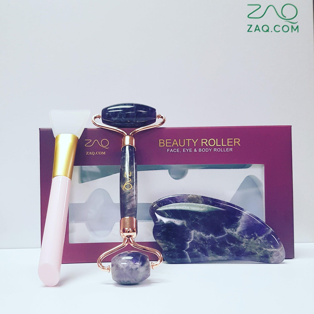 Amethyst Facial Roller, Gua Sha, Brush Set - ZAQ
