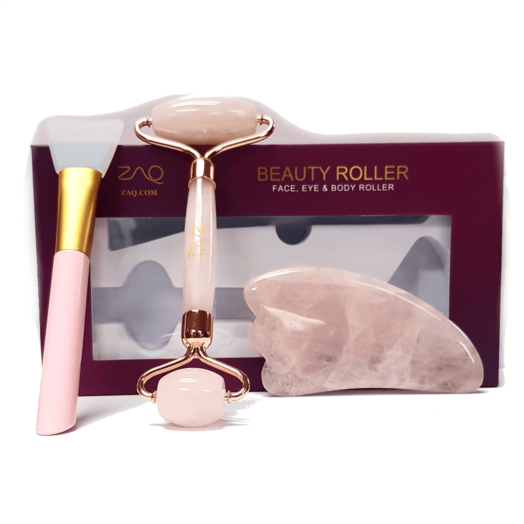 ZAQ Rose Quartz Facial Roller, Gua Sha Board + Brush Set - ZAQ