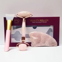 ZAQ Rose Quartz Facial Roller, Gua Sha Board + Brush Set - ZAQ