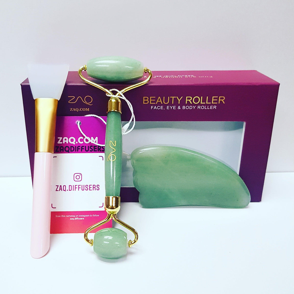 Jade Facial Roller, Gua Sha Board + Brush - ZAQ