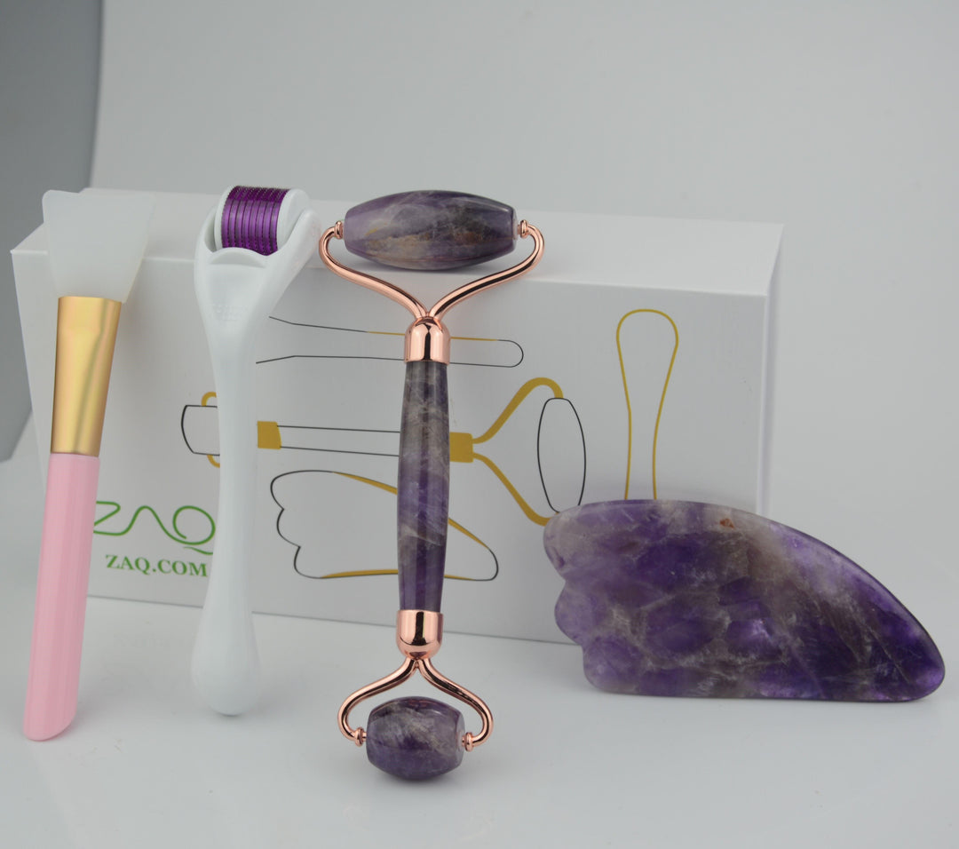 Amethyst Facial Roller, Gua Sha, Brush and DERMA ROLLER Set - ZAQ