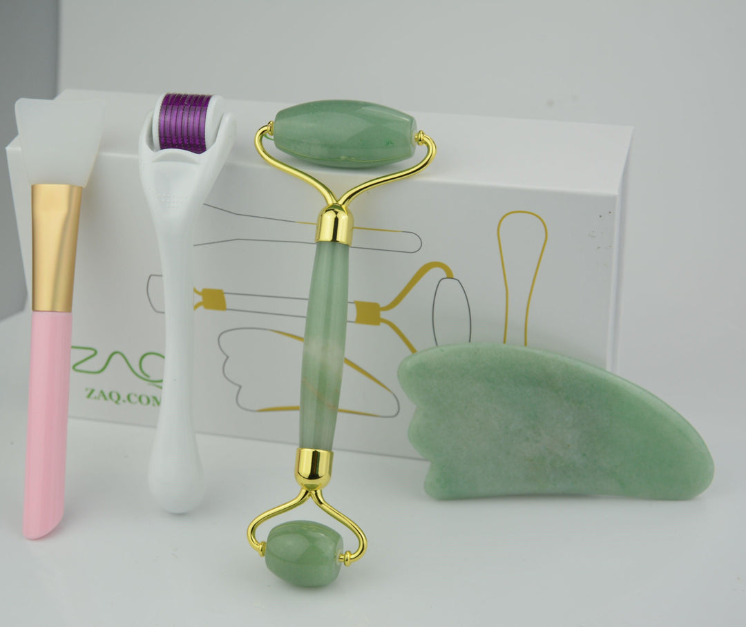 Jade Facial Roller, Gua Sha, Brush and DERMA ROLLER Set - ZAQ