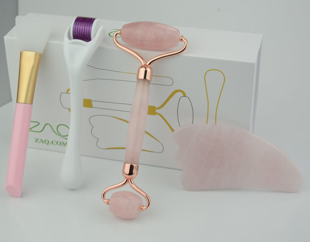 Rose Facial Roller, Gua Sha, Brush and DERMA ROLLER Set - ZAQ